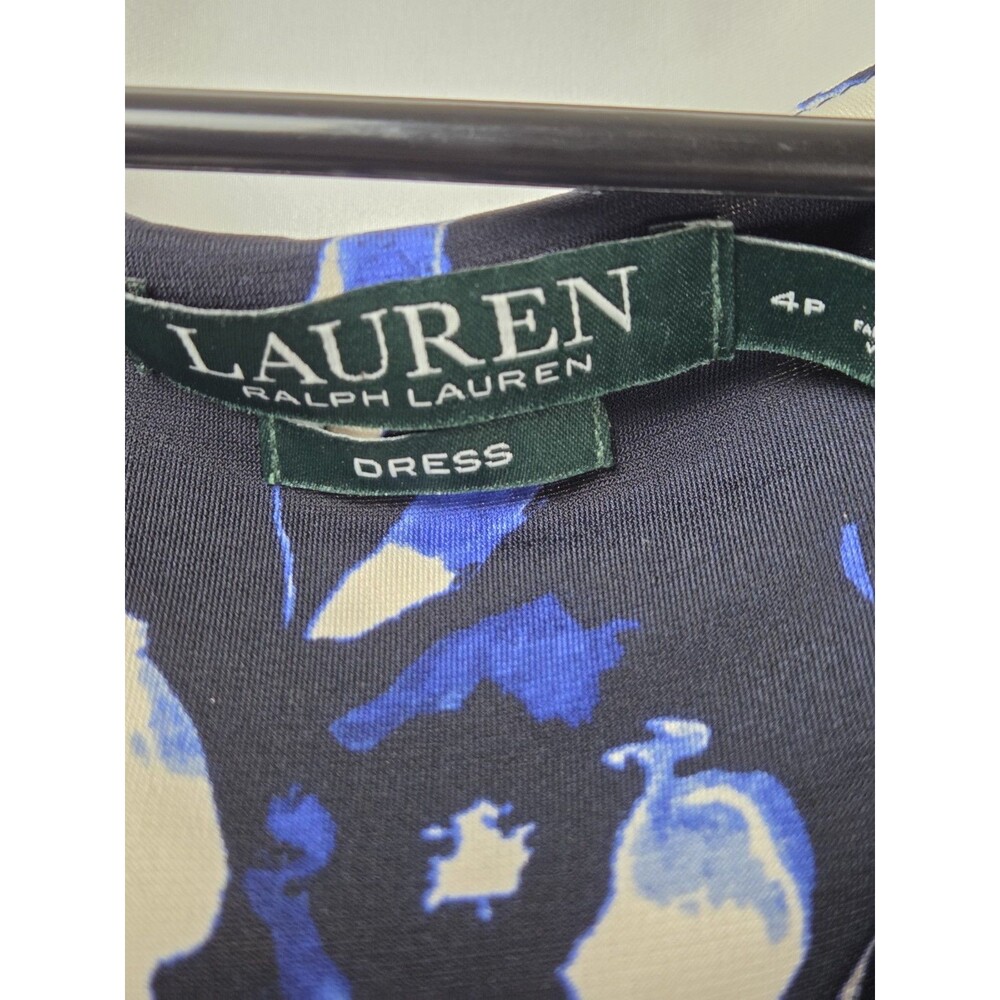 Lauren Ralph Lauren Blue Floral Dress Women’s 4P Petite Faux Wrap Cap Sleeve Mid - Picture 6 of 8